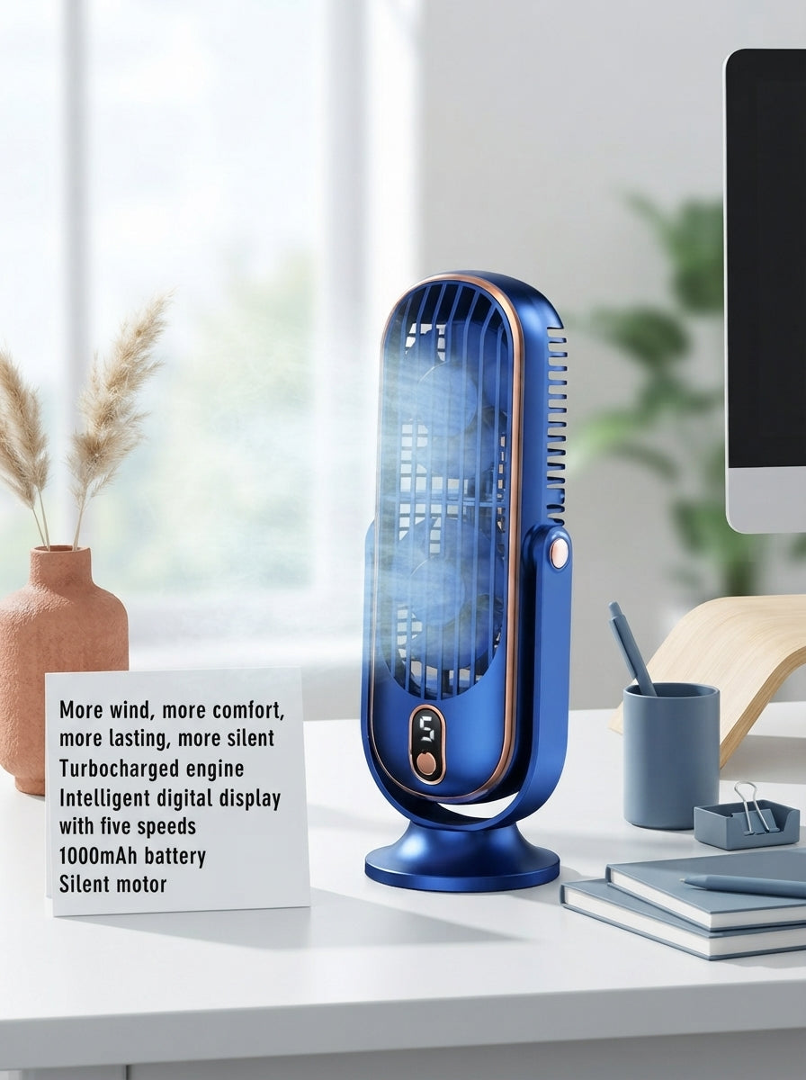 A sleek, compact 5-speed tower desk fan sitting on a white desk with terracotta and slate blue office accessories.